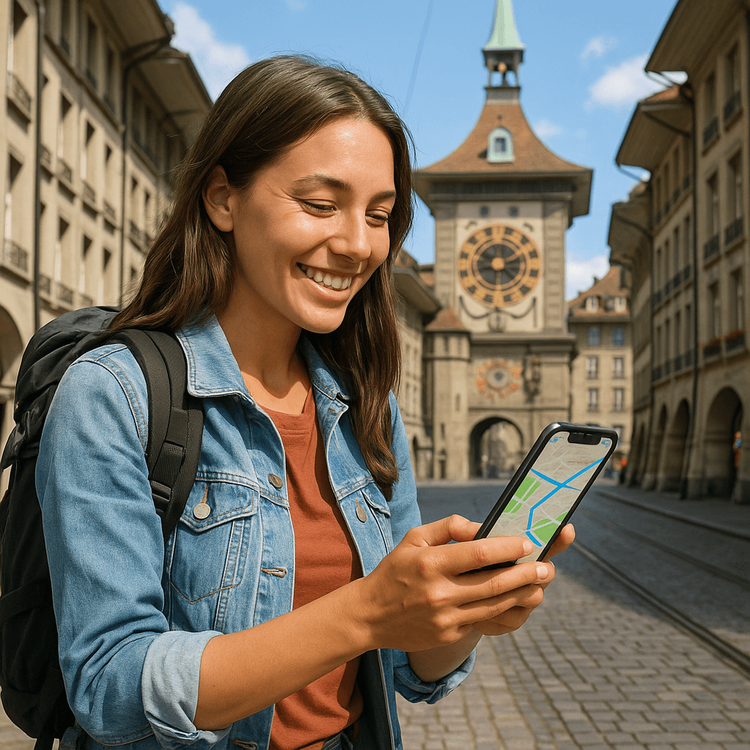 A tourist using her smartphone with an eSIM for navigation on a cobblestone street in Bern, Switzerland.