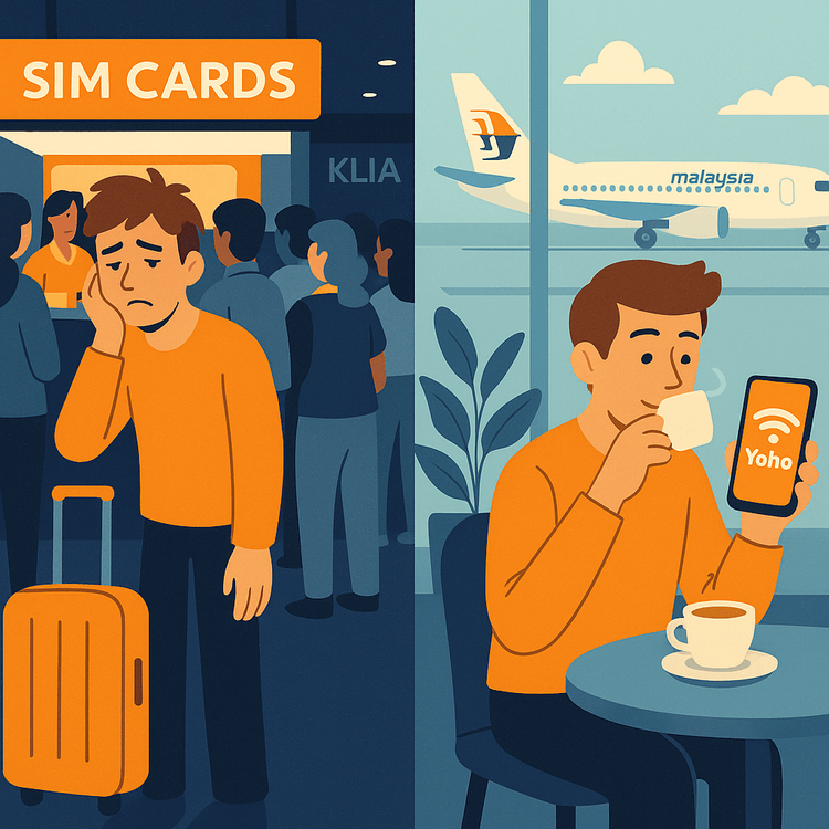 A comparison showing the hassle of queuing for an airport SIM versus the immediate connectivity of a Yoho Mobile eSIM upon arrival in Malaysia.