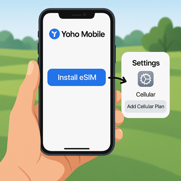 Illustration of the simple one-tap eSIM installation process for iOS users on the Yoho Mobile app.