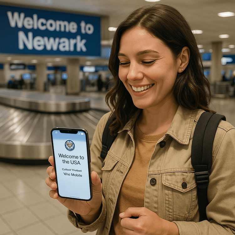 A traveler smiling at her phone, connected to Yoho Mobile eSIM immediately after landing at Newark Airport.