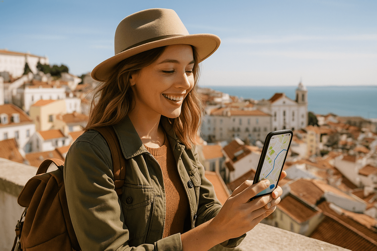 A happy traveler using her smartphone for navigation in Europe, demonstrating the convenience of a reliable eSIM data plan.