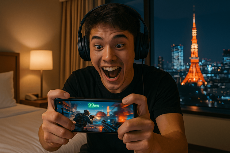 A gamer enjoying a low-latency mobile gaming session in Tokyo using a Yoho Mobile eSIM.