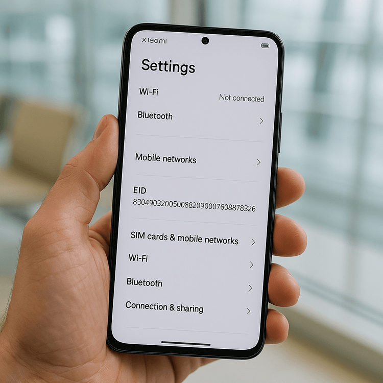 A person holding a Xiaomi phone displaying the EID number to check for eSIM compatibility.