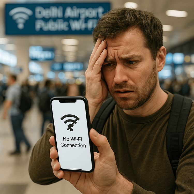 A frustrated traveler unable to connect to unreliable public Wi-Fi at Delhi Airport.