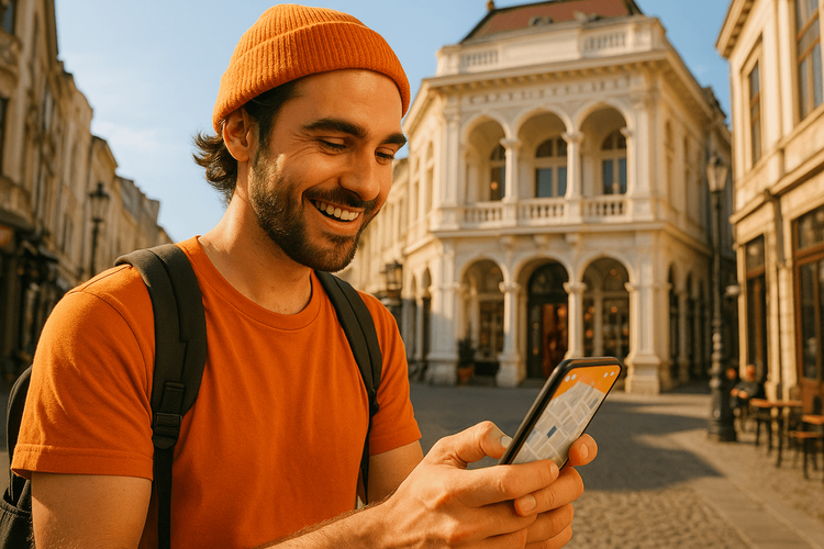 A traveler enjoying seamless internet connectivity with Yoho Mobile eSIM in Bucharest's Old Town, Romania.