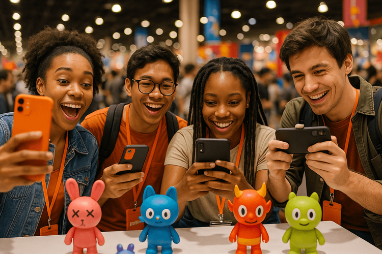 Collectors at Pop Toy Show using their phones with Yoho Mobile eSIM to share content.