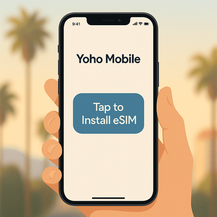 A visual guide showing the simple one-tap installation process for a Yoho Mobile eSIM on an iPhone.