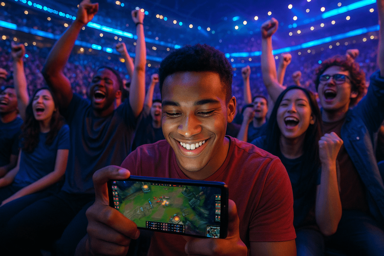 Esports fans cheering at League of Legends Worlds 2025, with one fan watching a live stream on their phone using an eSIM.