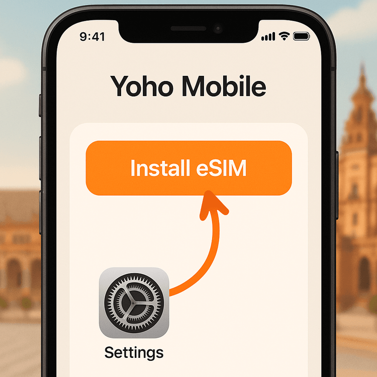 Illustration showcasing the simple one-click eSIM installation process for iOS users with Yoho Mobile, no QR code needed.