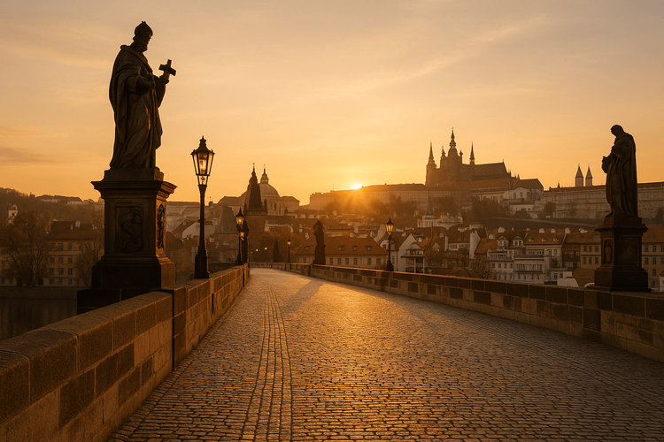 The historic Charles Bridge in Prague, Czech Republic, at a beautiful sunrise.