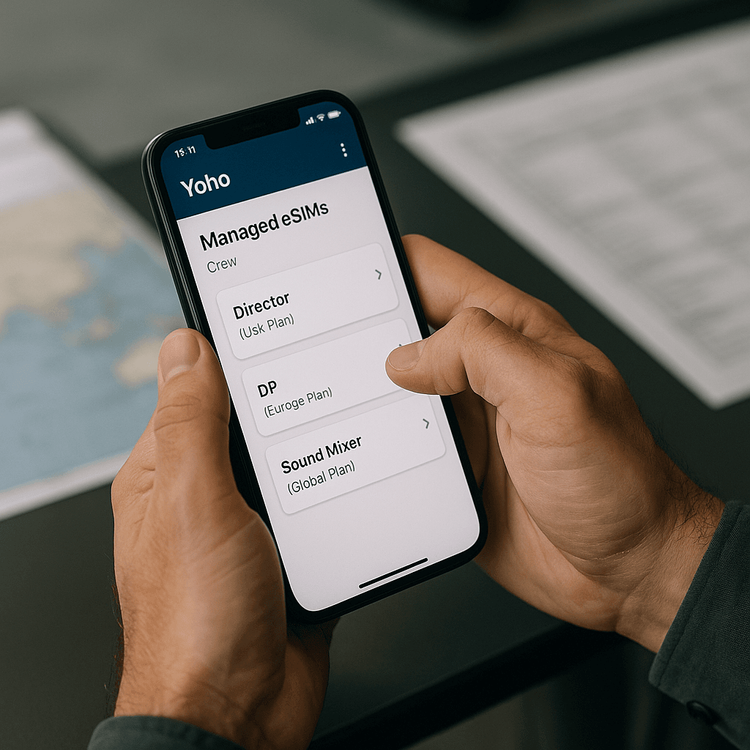 A production manager uses the Yoho Mobile app on a smartphone to manage multiple eSIM data plans for the film crew.
