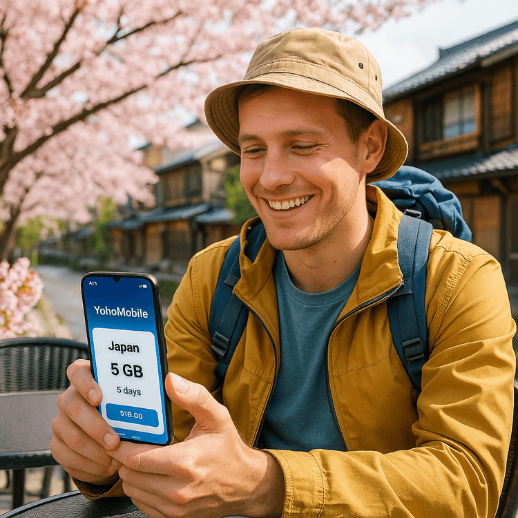 A traveler enjoying seamless connectivity with a Yoho Mobile eSIM on their phone while visiting Japan.