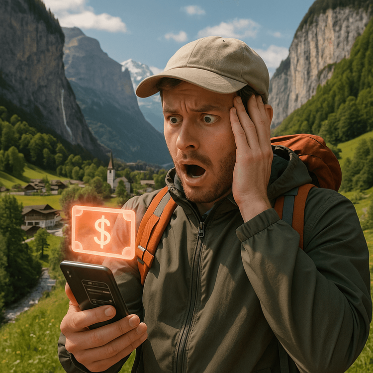 A tourist looking shocked at their high phone bill while traveling in the Swiss Alps.