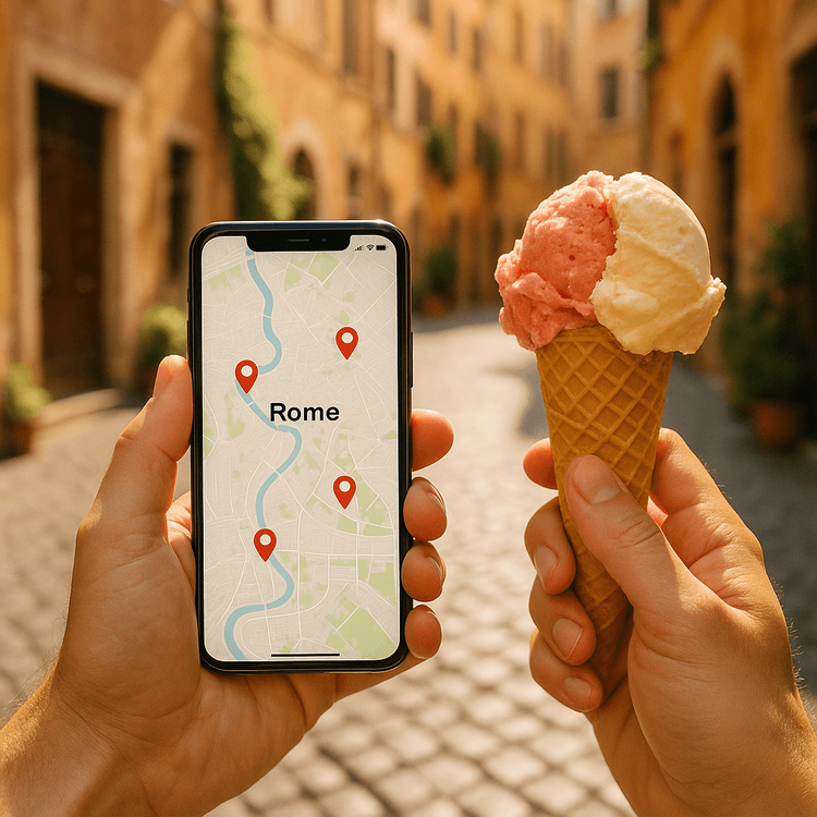 A traveler using their phone with an eSIM to navigate the streets of Rome while enjoying a gelato.