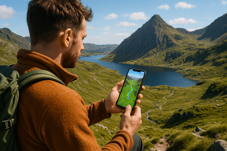 Hiker using a phone with reliable data from a Yoho Mobile eSIM for navigation in Snowdonia National Park, Wales.