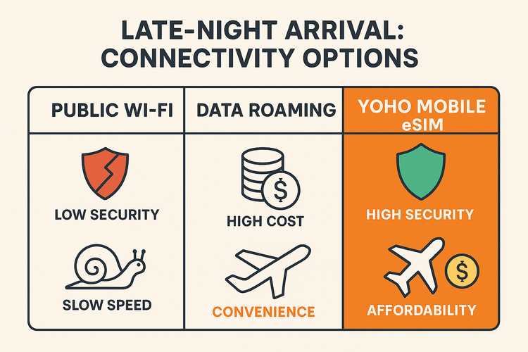 Infographic comparing Public Wi-Fi, Data Roaming, and Yoho Mobile eSIM on security, speed, cost, and convenience for late-night airport arrivals.
