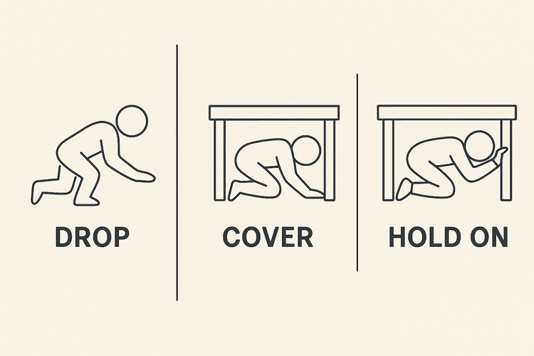 A three-step diagram demonstrating the 'Drop, Cover, and Hold On' procedure for earthquake safety.