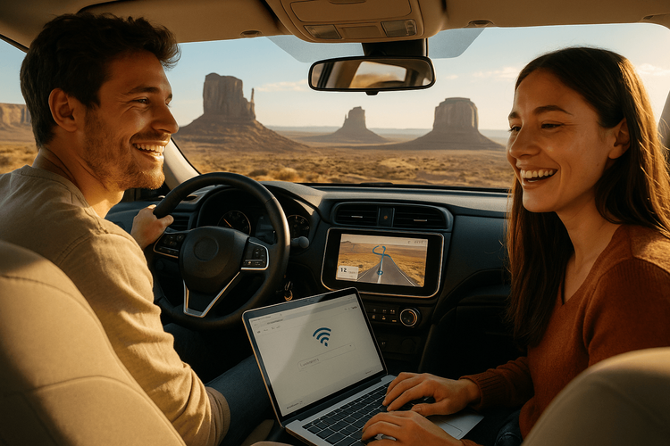 A couple enjoying a connected road trip in the USA using an eSIM hotspot for their laptop and navigation.