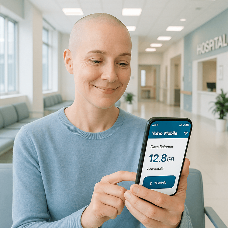 A patient smiles while checking their reliable Yoho Mobile eSIM connection in a hospital waiting room abroad.