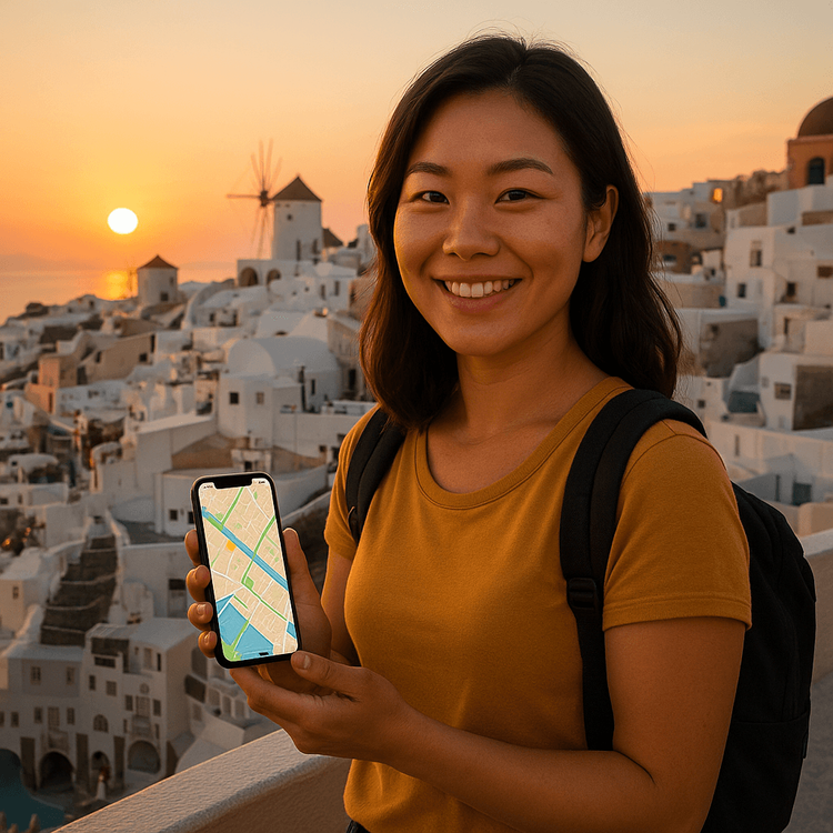 A solo female traveler confidently using her phone for navigation in Greece, demonstrating the safety of staying connected with an eSIM.
