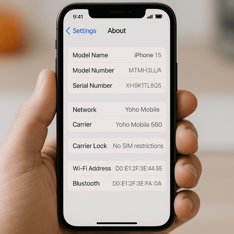 A screenshot of an iPhone's settings showing 'No SIM restrictions' under the Carrier Lock section, confirming the device is unlocked for any eSIM.