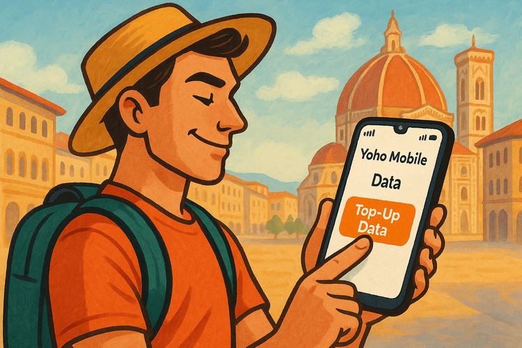 Traveler easily topping up their Yoho Mobile eSIM data plan via the app while enjoying their trip.