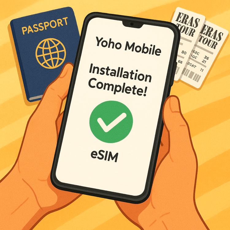 Illustration showing the easy and successful installation of a Yoho Mobile eSIM on a smartphone before a trip.