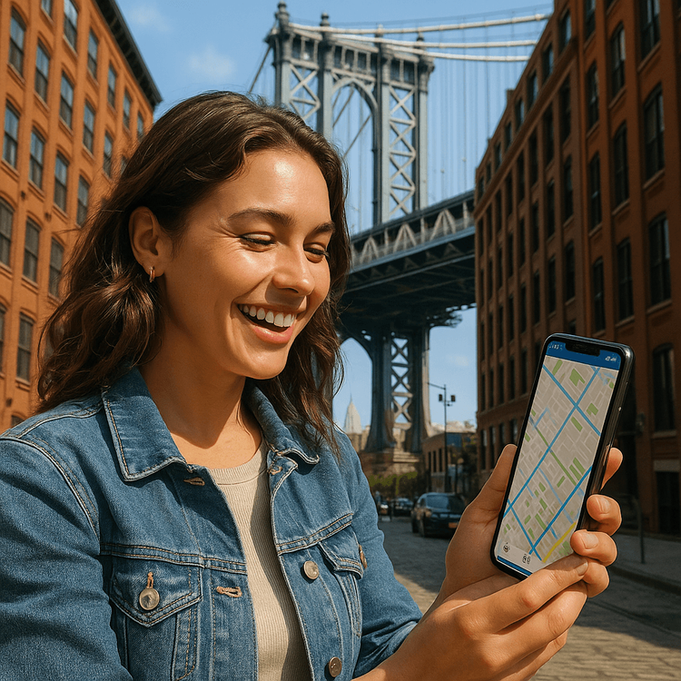 A happy traveler using her phone with a Yoho Mobile eSIM to navigate in Brooklyn, with the Manhattan Bridge in the background.