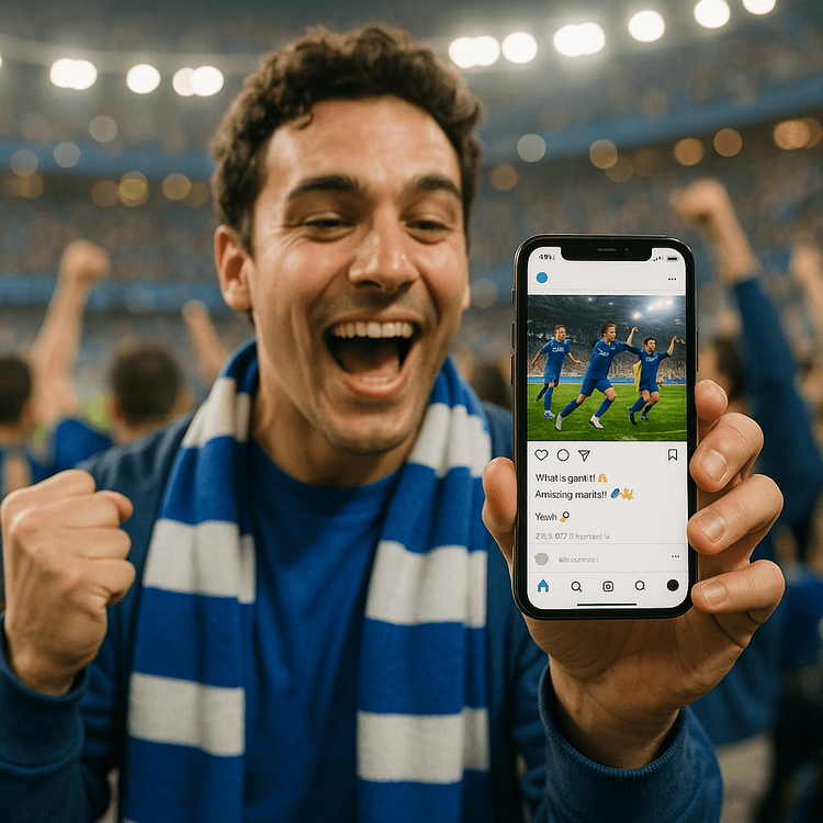 A football fan using a Yoho Mobile eSIM to share match day moments live from Goodison Park.