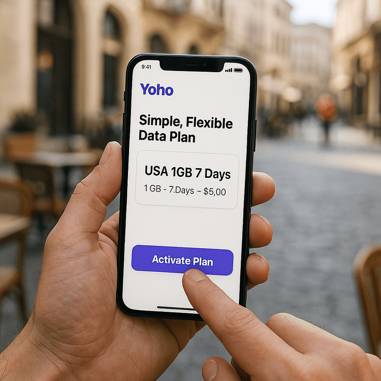 A person activating a flexible Yoho Mobile eSIM data plan on their smartphone for controlled connectivity while traveling.