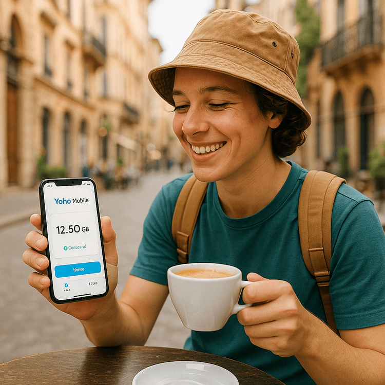 A happy traveler uses the Yoho Mobile eSIM app on their phone while sitting at a cafe in Europe, showcasing easy travel connectivity.