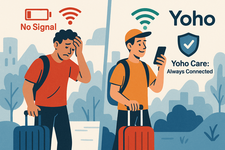 A comparison showing a stressed traveler without data versus a relaxed traveler with reliable connectivity thanks to Yoho Mobile and Yoho Care.