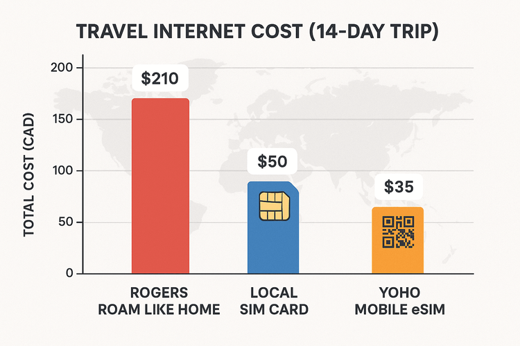 A bar chart comparing the high cost of Rogers Roam Like Home against the much more affordable Yoho Mobile eSIM for a 14-day international trip.