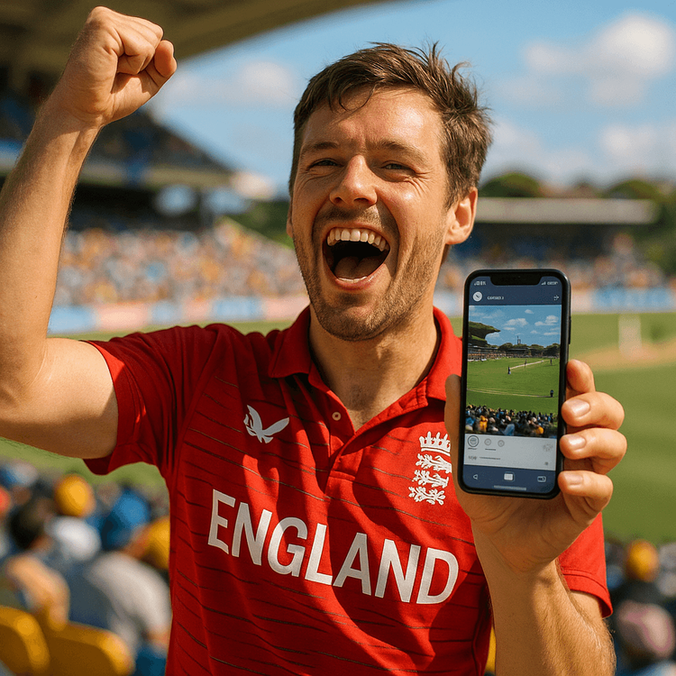 Cricket fan celebrating at T20 World Cup while using their phone with a Yoho Mobile eSIM.