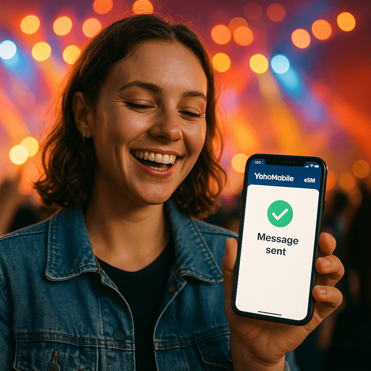 A concert-goer using a Yoho Mobile eSIM to stay connected despite the large crowd.
