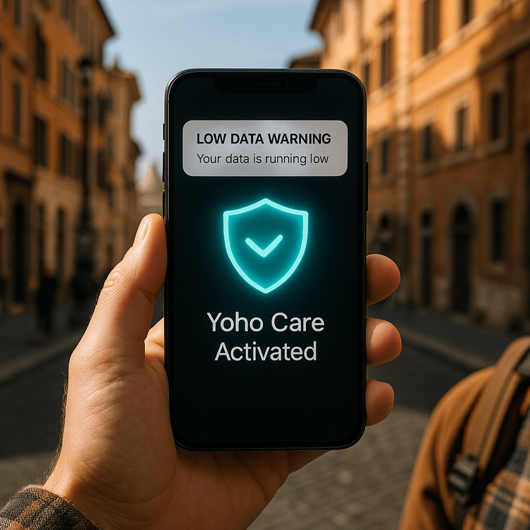 Illustration of the Yoho Care feature activating as a connectivity shield on a smartphone running low on data while traveling in Rome.