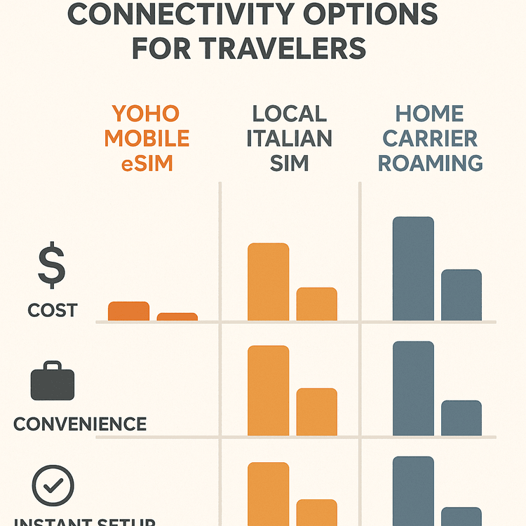 Infographic comparing the cost and convenience of Yoho Mobile eSIM, local SIM cards, and roaming for travel in Italy.