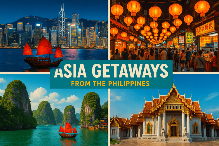A collage of top long weekend travel destinations from the Philippines for 2026, including Hong Kong, Taiwan, Vietnam, and Thailand.