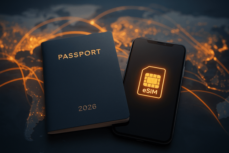 A 2026 passport next to a smartphone with a global eSIM, symbolizing ultimate travel freedom.