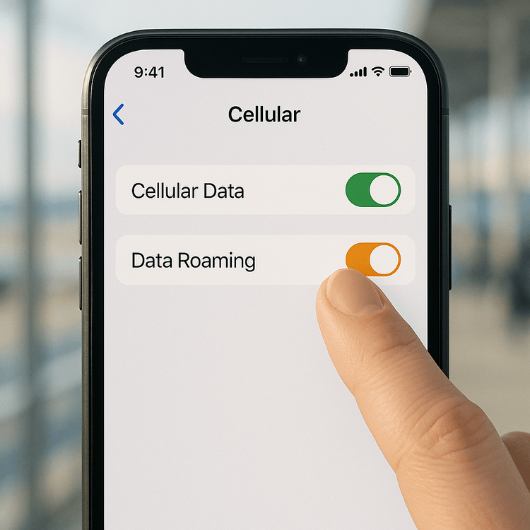 A close-up of an iPhone screen showing the Data Roaming toggle being switched on to fix eSIM internet issues.