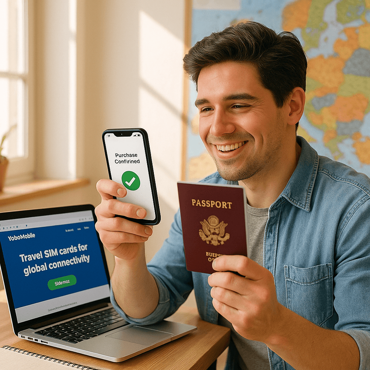 A traveler confidently planning their trip and purchasing a Yoho Mobile eSIM in advance.