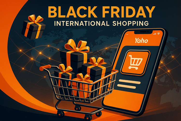 A smartphone with the Yoho Mobile app, with a shopping cart full of Black Friday deals flying out, symbolizing global shopping access.