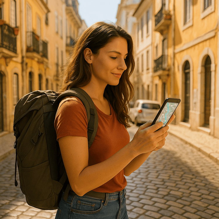 A solo female traveler confidently using a map on her phone to navigate a historic European street.