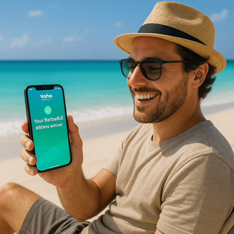 A traveler on a Barbados beach successfully activating their Yoho Mobile eSIM for instant data connectivity.