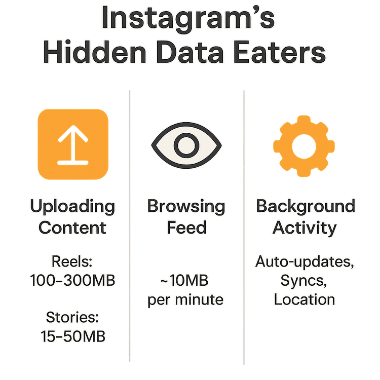 Infographic showing the data usage of Instagram for uploading content, browsing, and background activity.