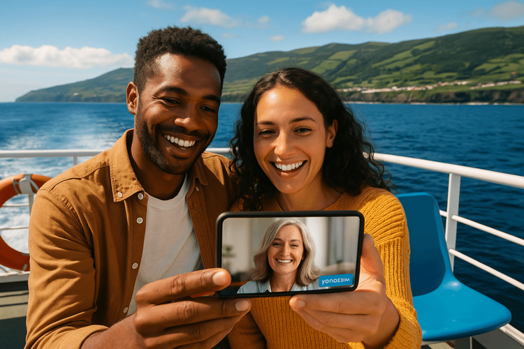 Couple happily using their smartphone with a Yoho Mobile eSIM while on a ferry between the Azores islands, staying connected at sea.