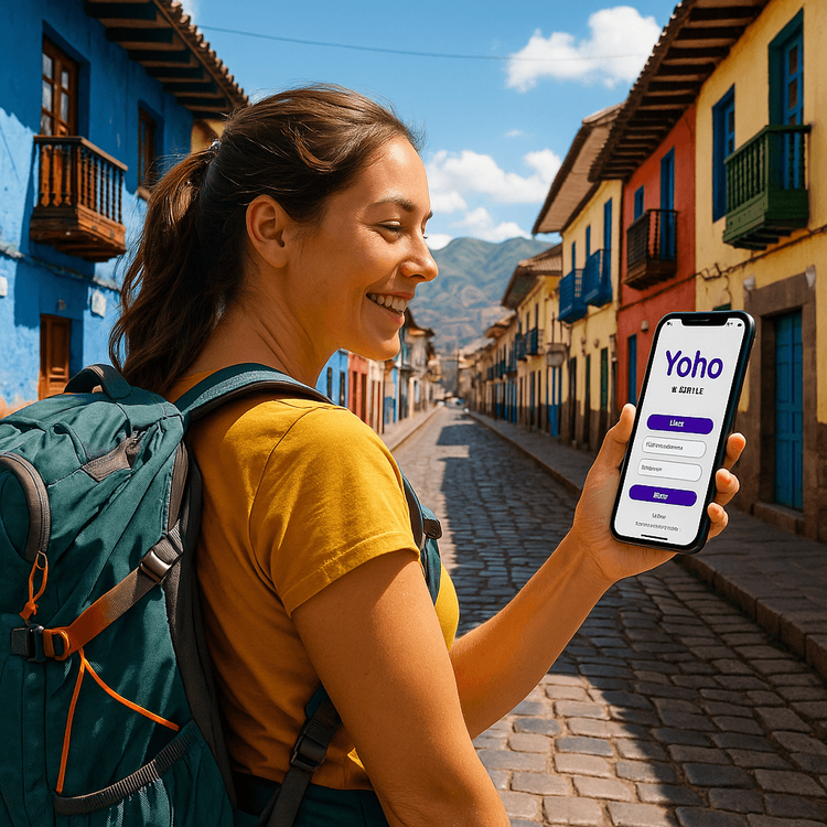A traveler using a Yoho Mobile eSIM on her phone in a colorful street in Cusco, Peru.