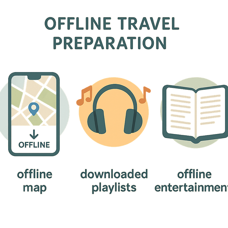 An illustration showing icons for preparing for offline travel: downloading maps, music, and books.