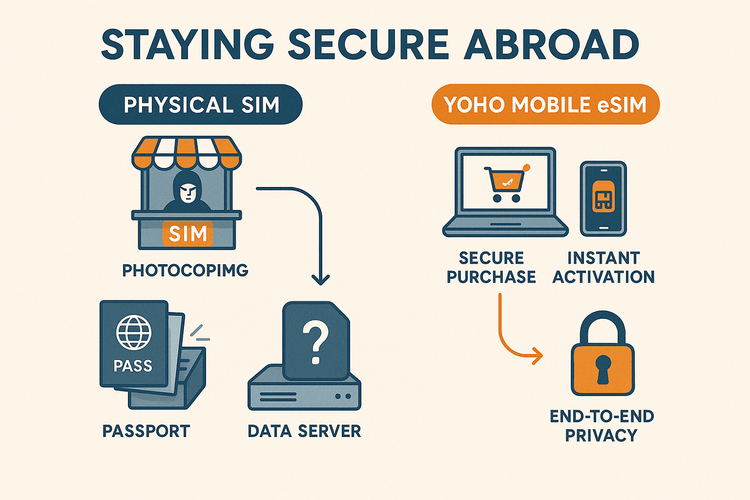 Infographic comparing the data privacy risks of buying a local physical SIM versus the security of activating a Yoho Mobile eSIM.