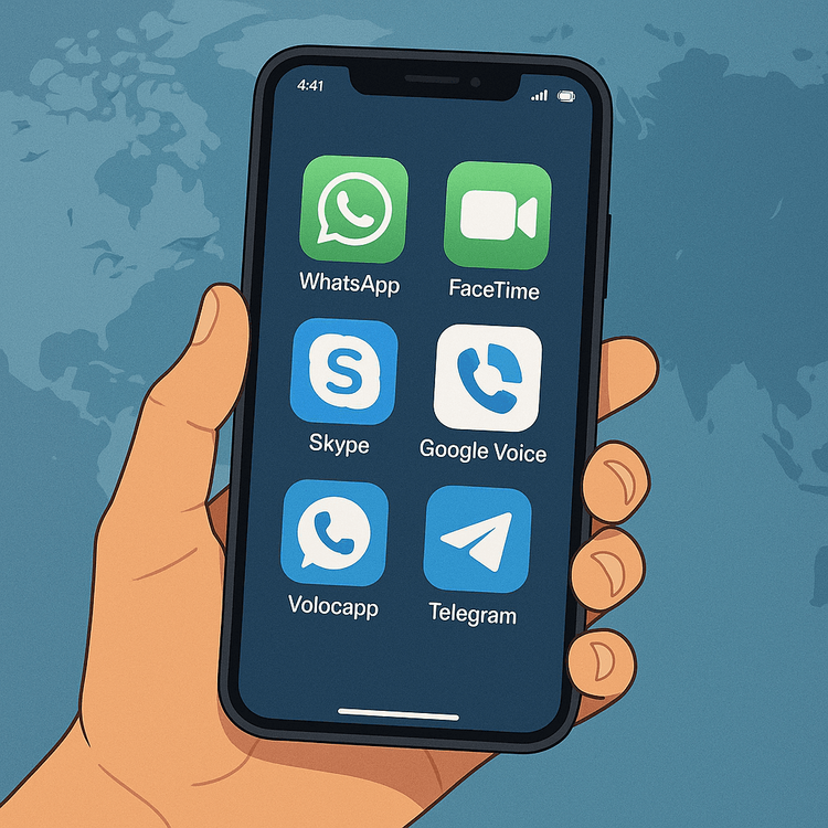 Smartphone screen showing logos of VoIP apps like WhatsApp and Skype for making international calls.